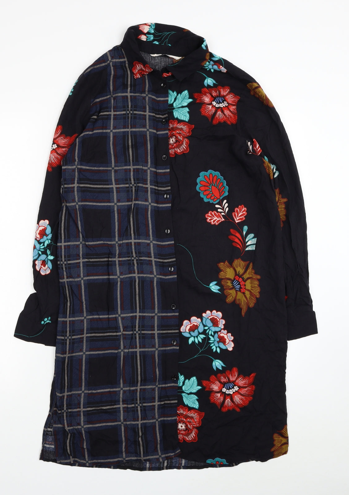 TU Womens Black Plaid Viscose Shirt Dress Size 10 Collared Button - Flowers