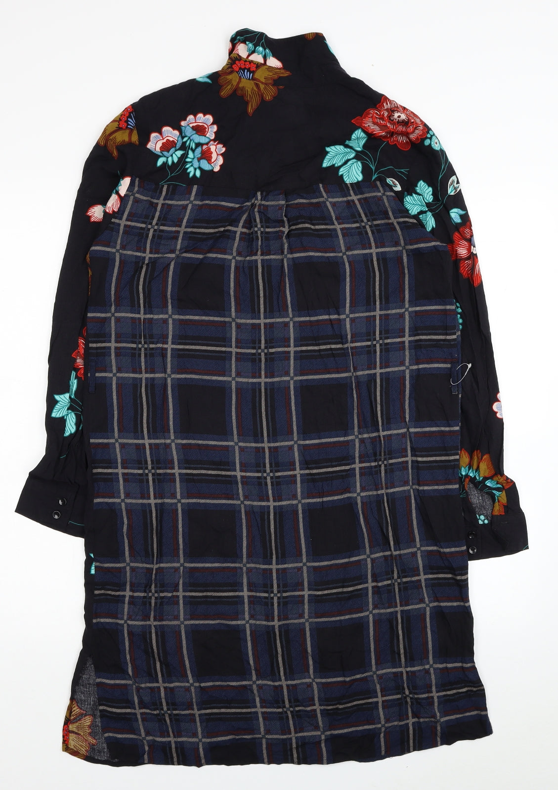 TU Womens Black Plaid Viscose Shirt Dress Size 10 Collared Button - Flowers