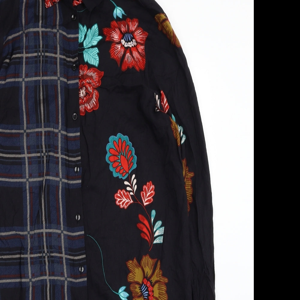 TU Womens Black Plaid Viscose Shirt Dress Size 10 Collared Button - Flowers
