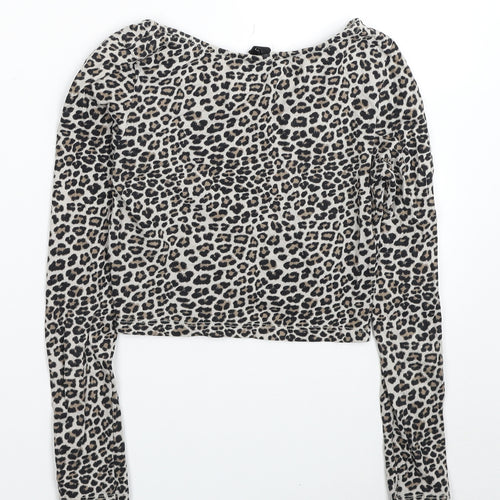 Divided by H&M Womens Beige Animal Print Cotton Cropped T-Shirt Size XS Scoop Neck - Leopard Print