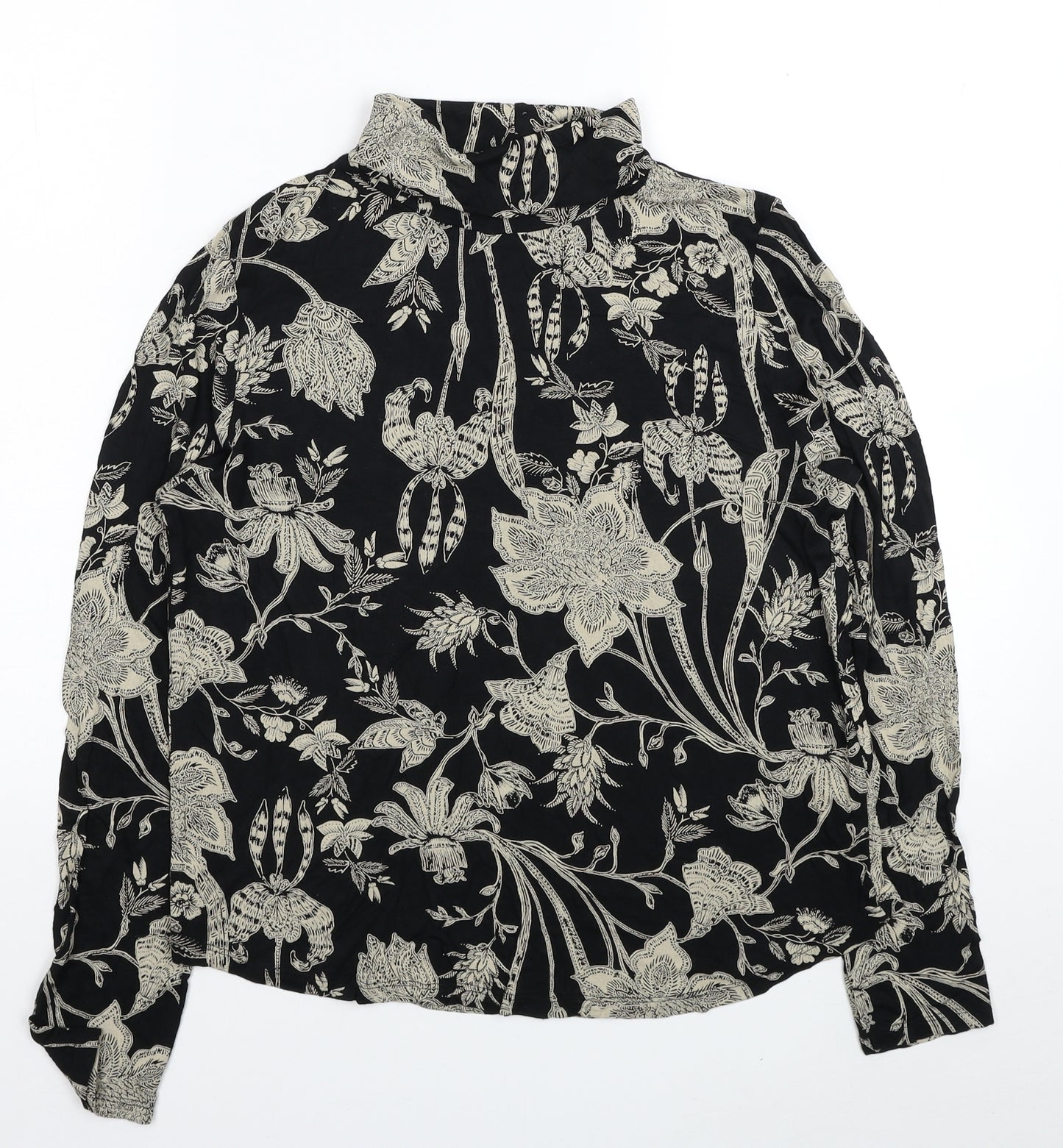 Marks and Spencer Womens Black Floral Viscose Basic Blouse Size 14 Roll Neck