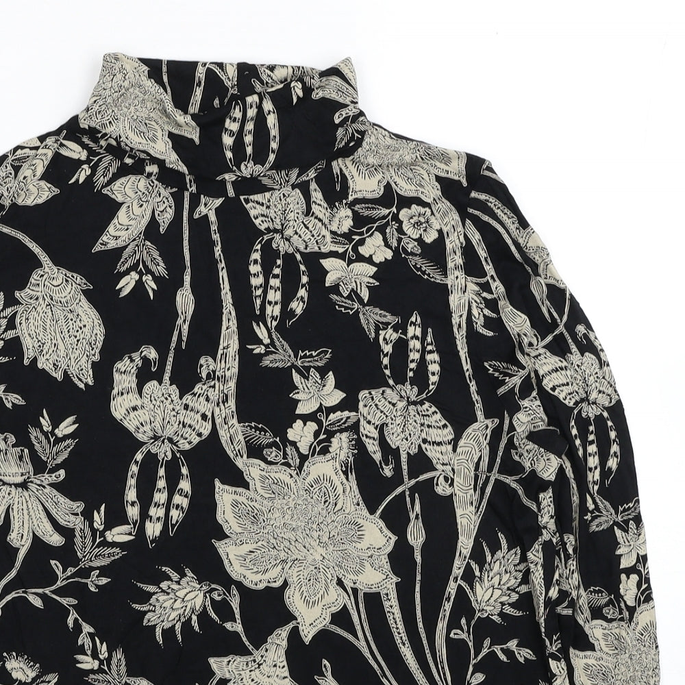 Marks and Spencer Womens Black Floral Viscose Basic Blouse Size 14 Roll Neck