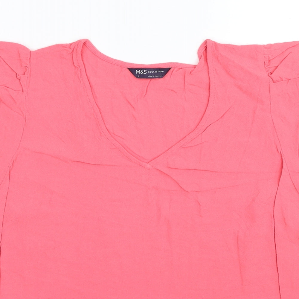 Marks and Spencer Womens Pink Viscose Basic T-Shirt Size 18 V-Neck