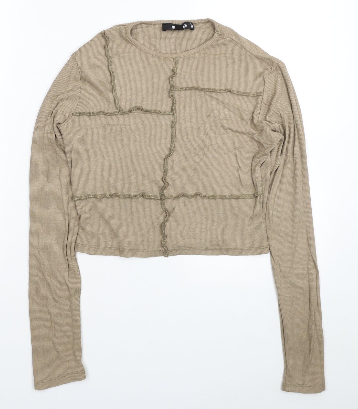 Missguided Womens Beige Viscose Cropped Blouse Size 10 Round Neck - Ribbed