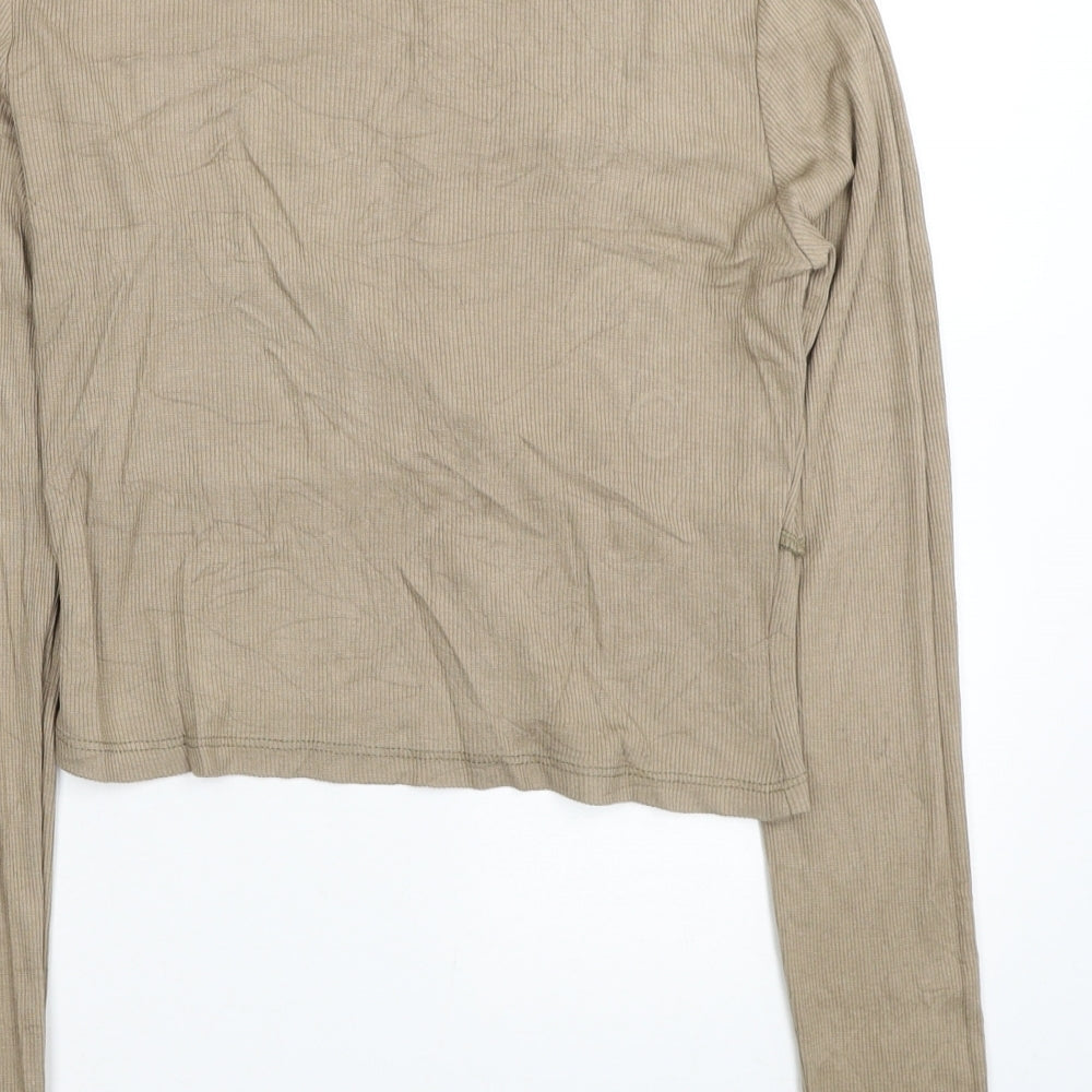 Missguided Womens Beige Viscose Cropped Blouse Size 10 Round Neck - Ribbed
