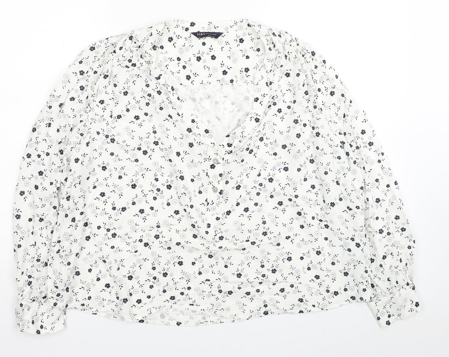 Marks and Spencer Womens White Floral Viscose Basic Blouse Size 20 V-Neck