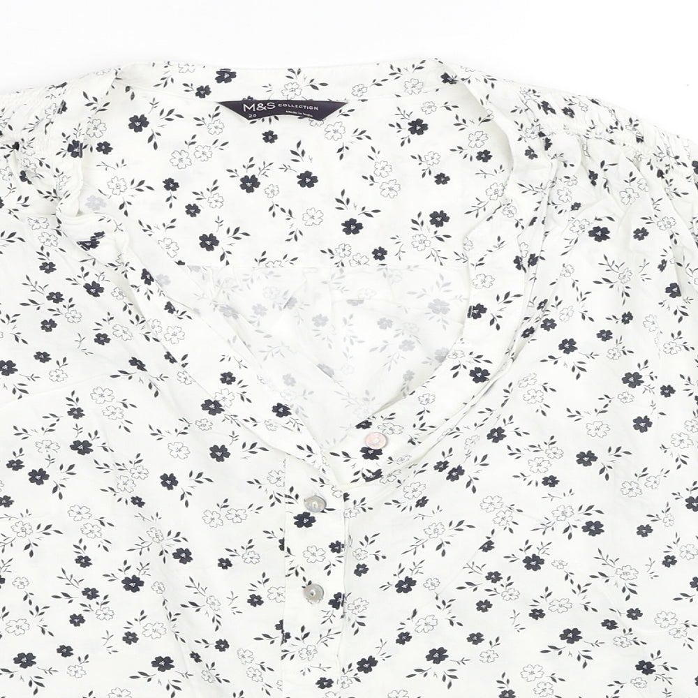 Marks and Spencer Womens White Floral Viscose Basic Blouse Size 20 V-Neck