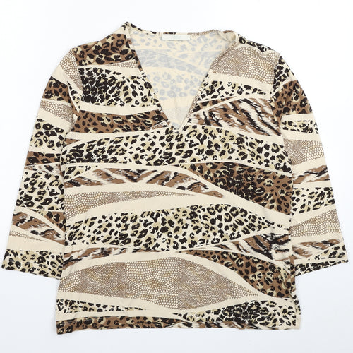 Marks and Spencer Womens Beige Animal Print Viscose Basic Blouse Size 14 V-Neck - Leopard Print