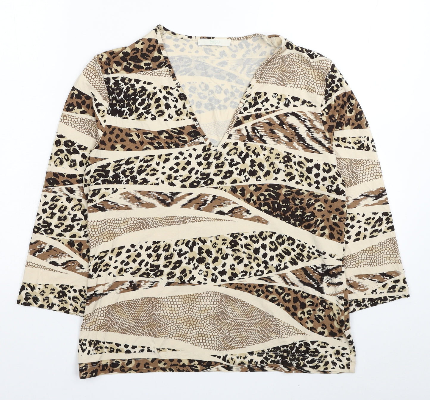 Marks and Spencer Womens Beige Animal Print Viscose Basic Blouse Size 14 V-Neck - Leopard Print