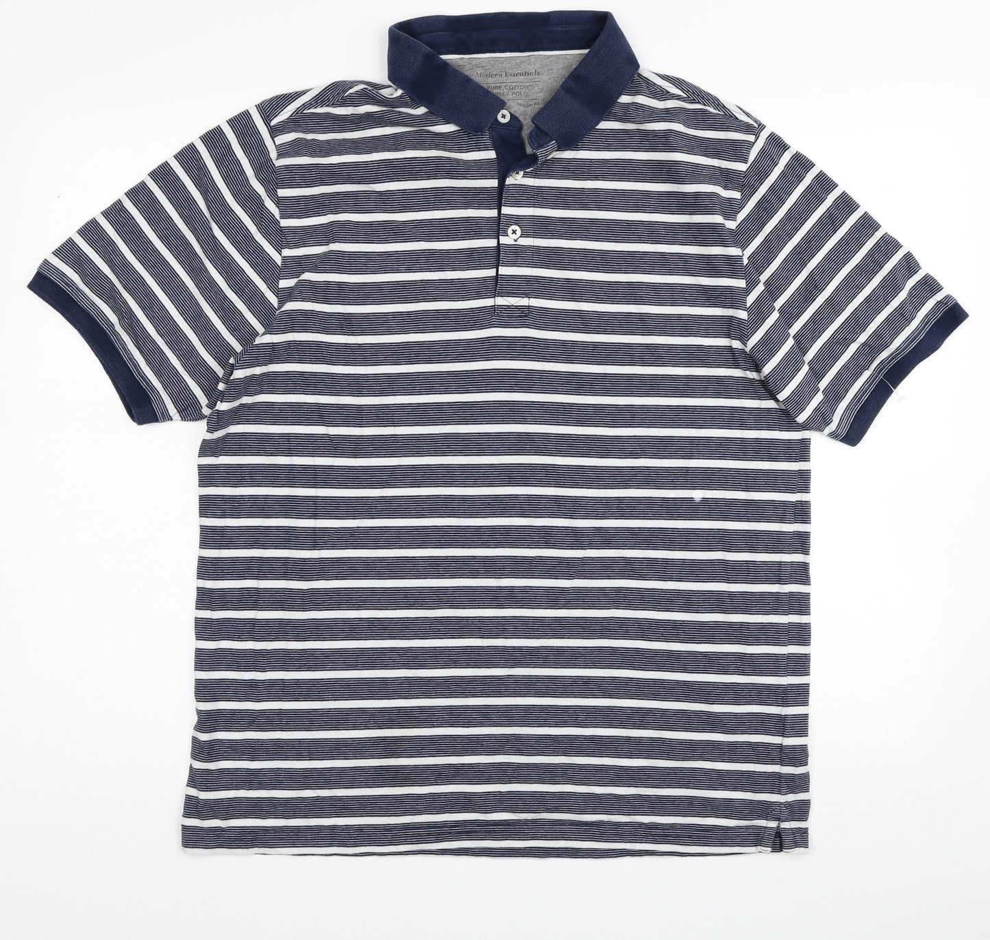 Marks and Spencer Mens Blue Striped Cotton Polo Size L Collared Pullover