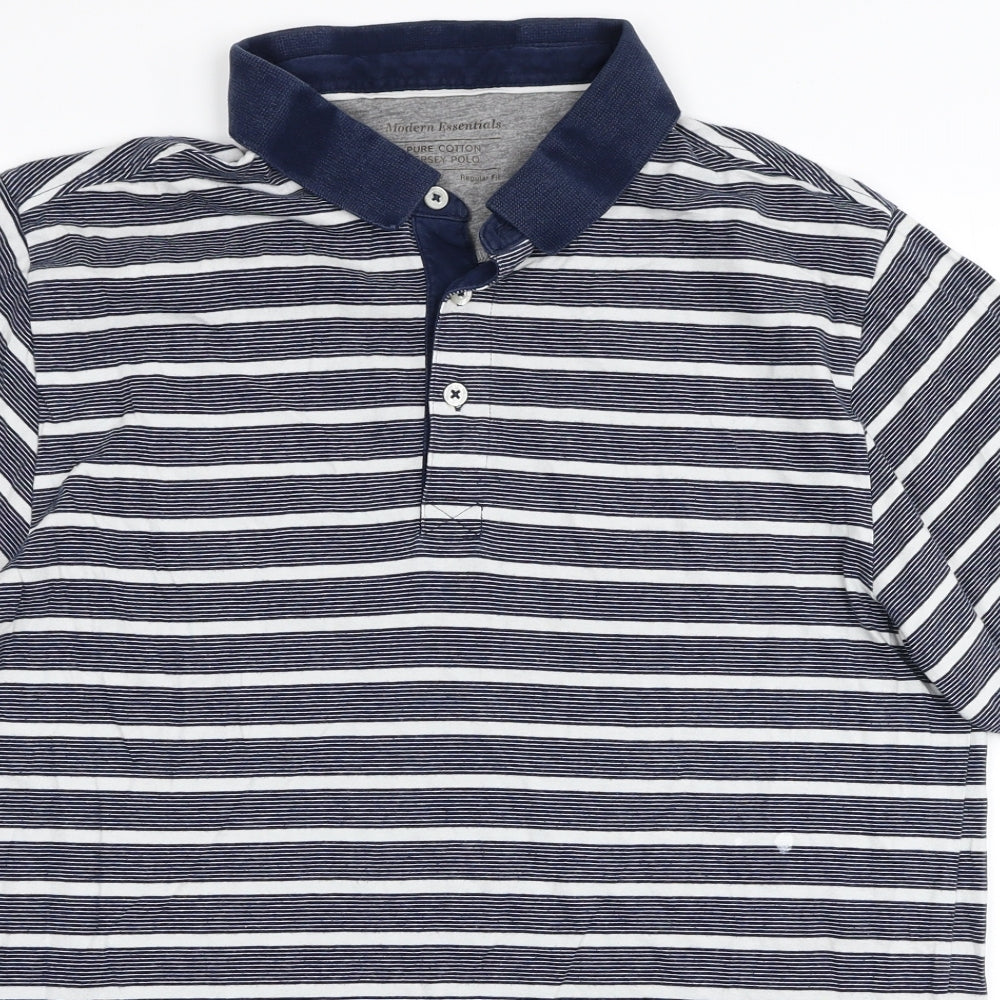 Marks and Spencer Mens Blue Striped Cotton Polo Size L Collared Pullover