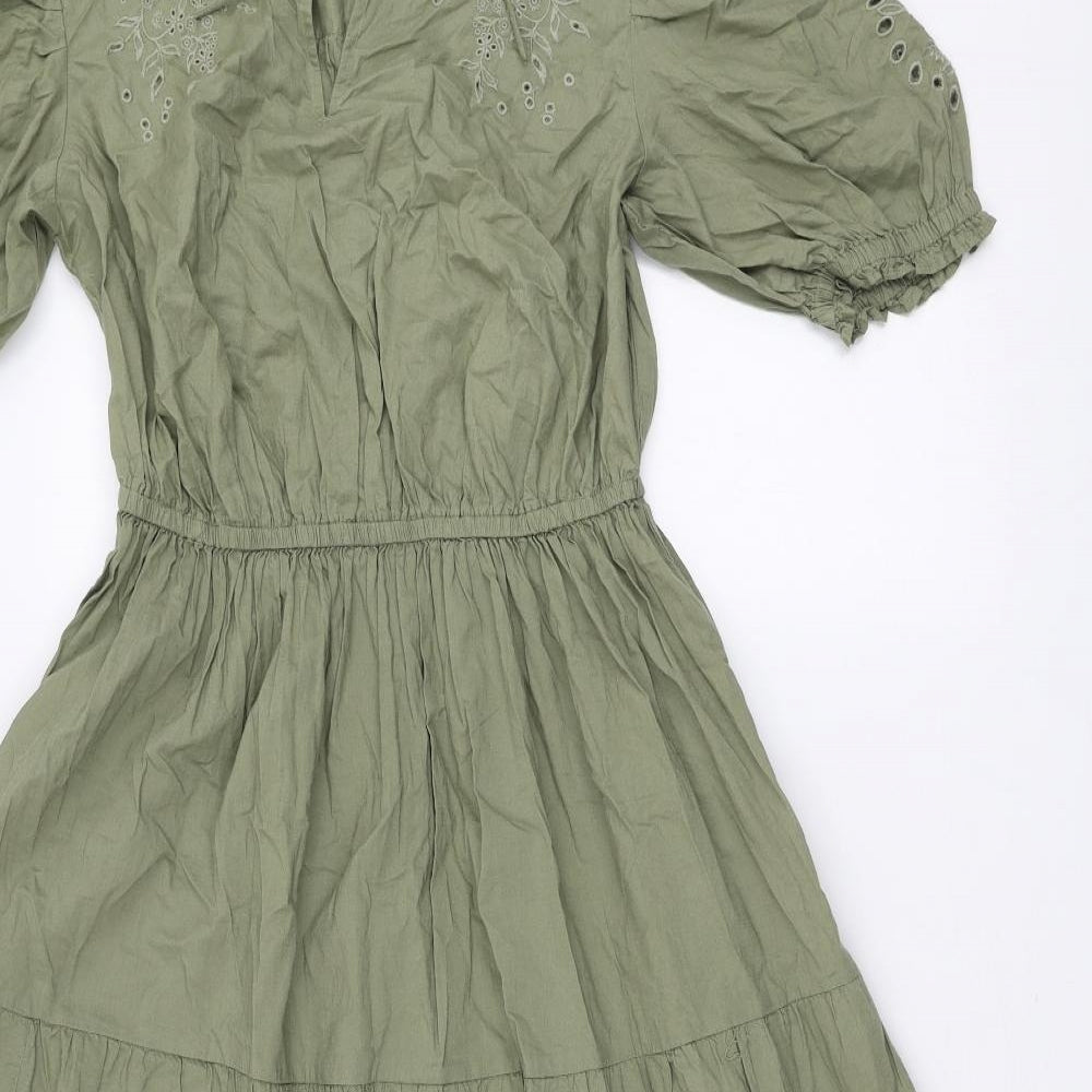 Marks and Spencer Womens Green 100% Cotton A-Line Size 8 V-Neck Tie
