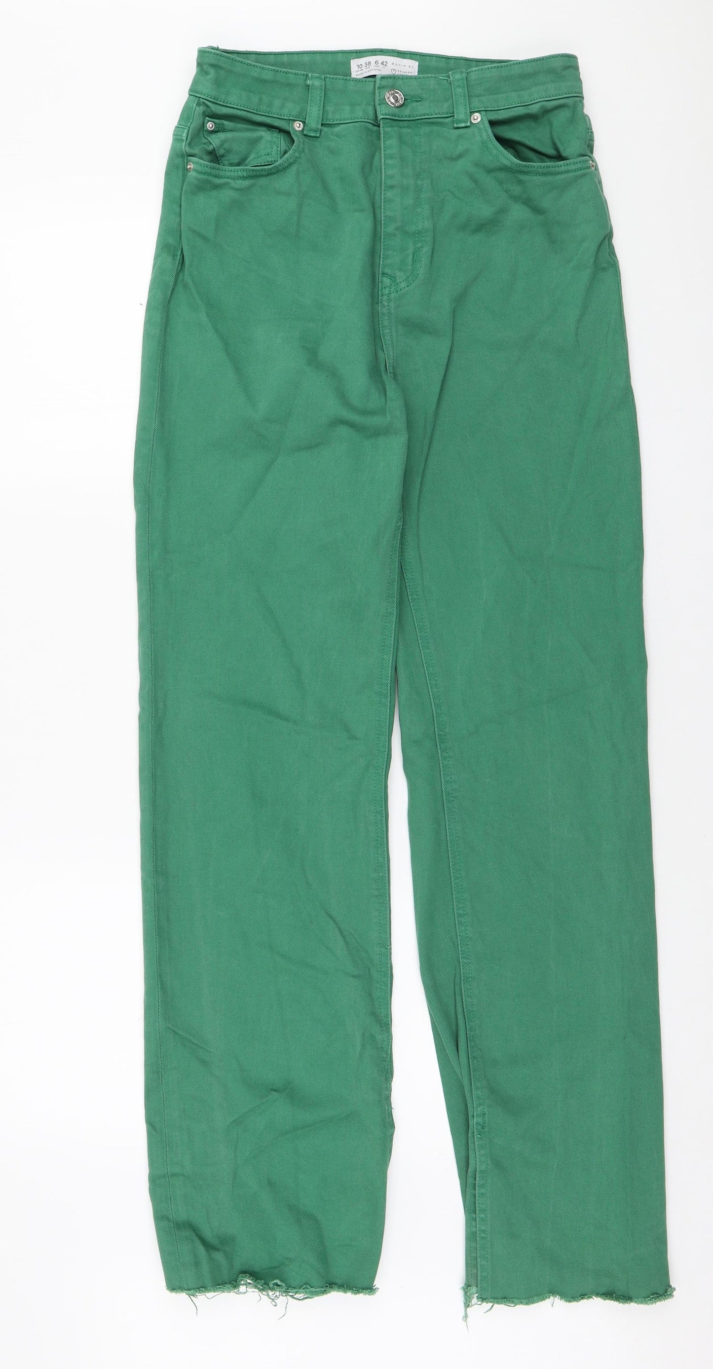 Primark Womens Green Cotton Straight Jeans Size 10 L31 in Regular Zip - Distressed hem