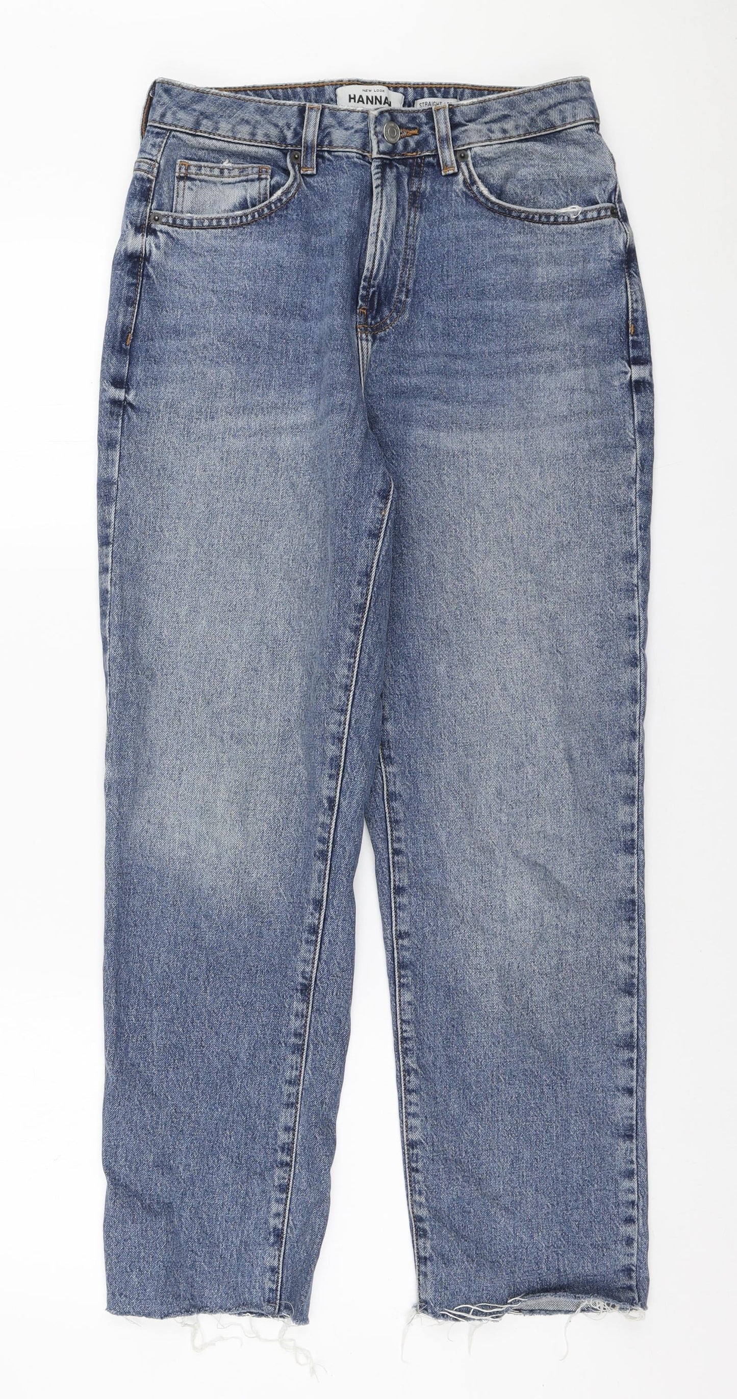 New Look Womens Blue Cotton Straight Jeans Size 10 L27 in Regular Zip - Distressed hem
