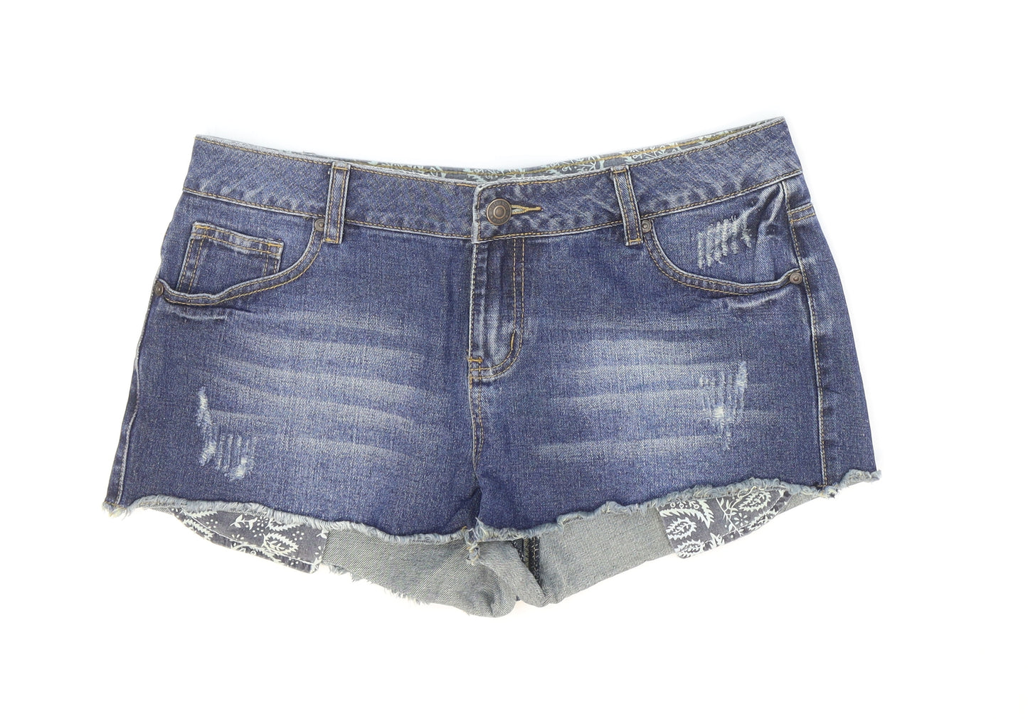 Yes Yes Womens Blue 100% Cotton Hot Pants Shorts Size 14 Regular Zip - Distressed Look