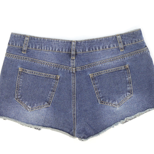 Yes Yes Womens Blue 100% Cotton Hot Pants Shorts Size 14 Regular Zip - Distressed Look