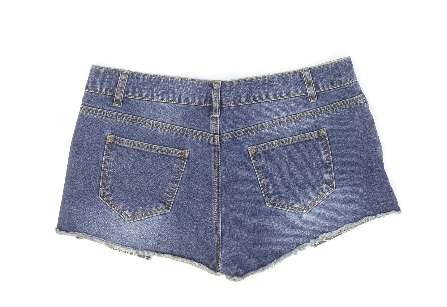 Yes Yes Womens Blue 100% Cotton Hot Pants Shorts Size 14 Regular Zip - Distressed Look