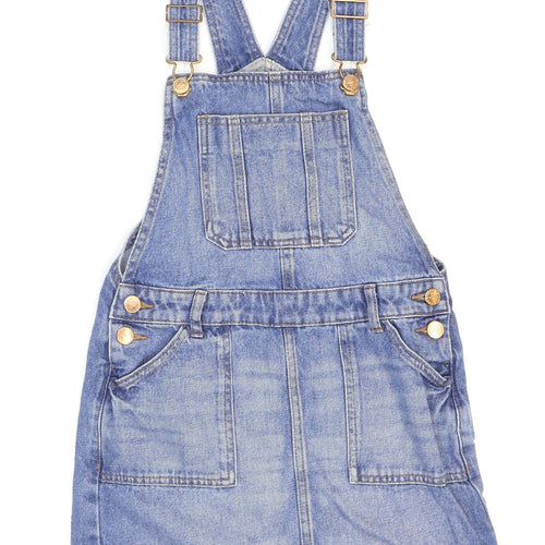 Marks and Spencer Girls Blue 100% Cotton Pinafore/Dungaree Dress Size 9-10 Years Square Neck Buckle