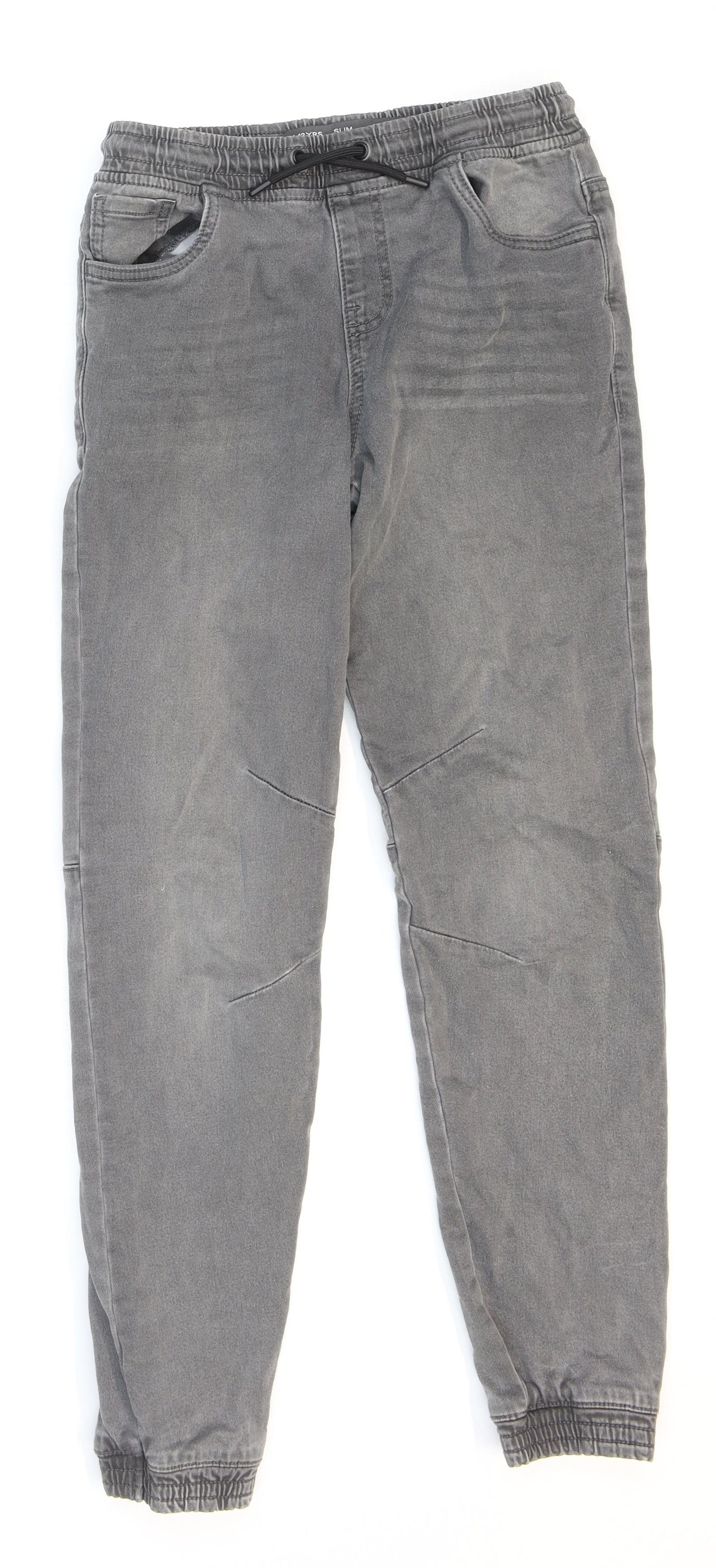 Primark Boys Grey Cotton Tapered Jeans Size 11-12 Years Regular Drawstring