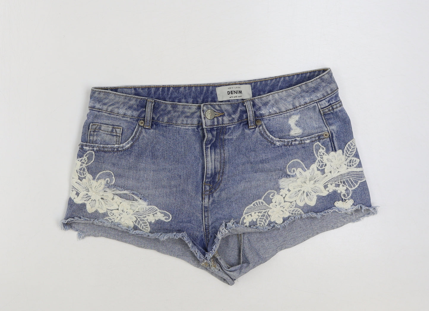 Denim & Co. Womens Blue Floral Cotton Hot Pants Shorts Size 12 Regular Button