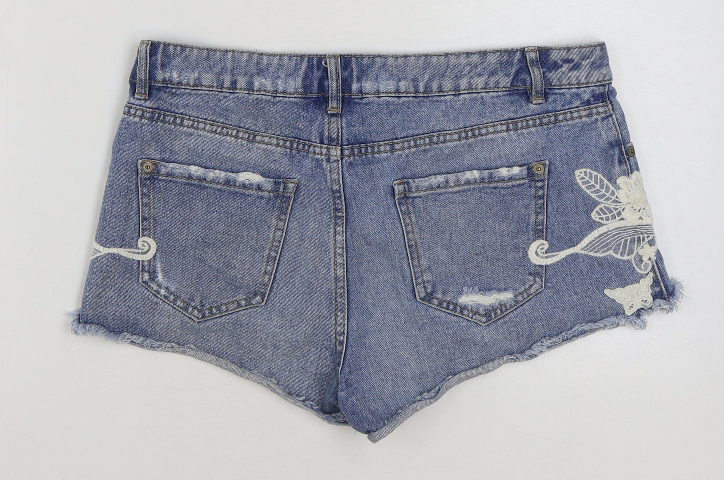 Denim & Co. Womens Blue Floral Cotton Hot Pants Shorts Size 12 Regular Button