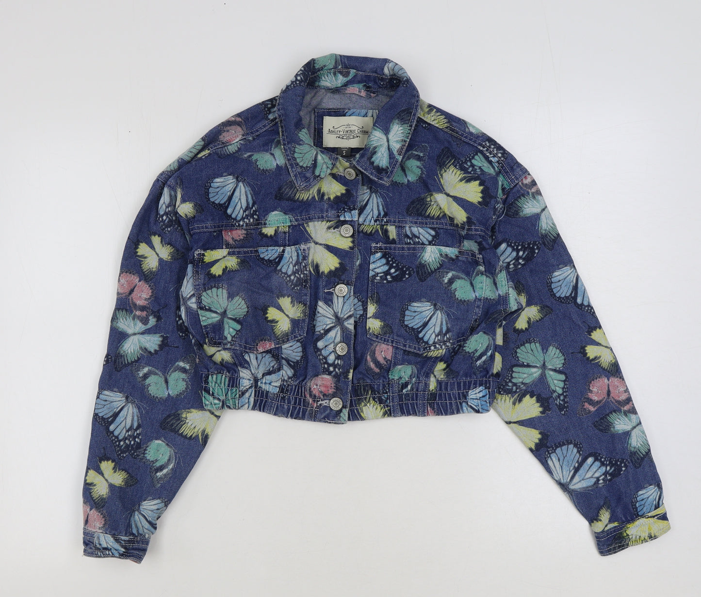 Ashley Vintage Womens Blue Geometric Jacket Size S Button - Butterfly