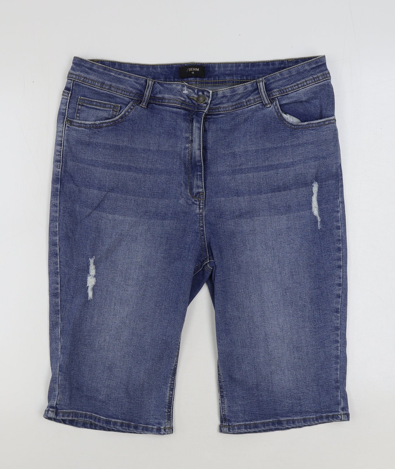 Denim 24/7 Womens Blue Cotton Bermuda Shorts Size 16 L12 in Regular Button - Distressed