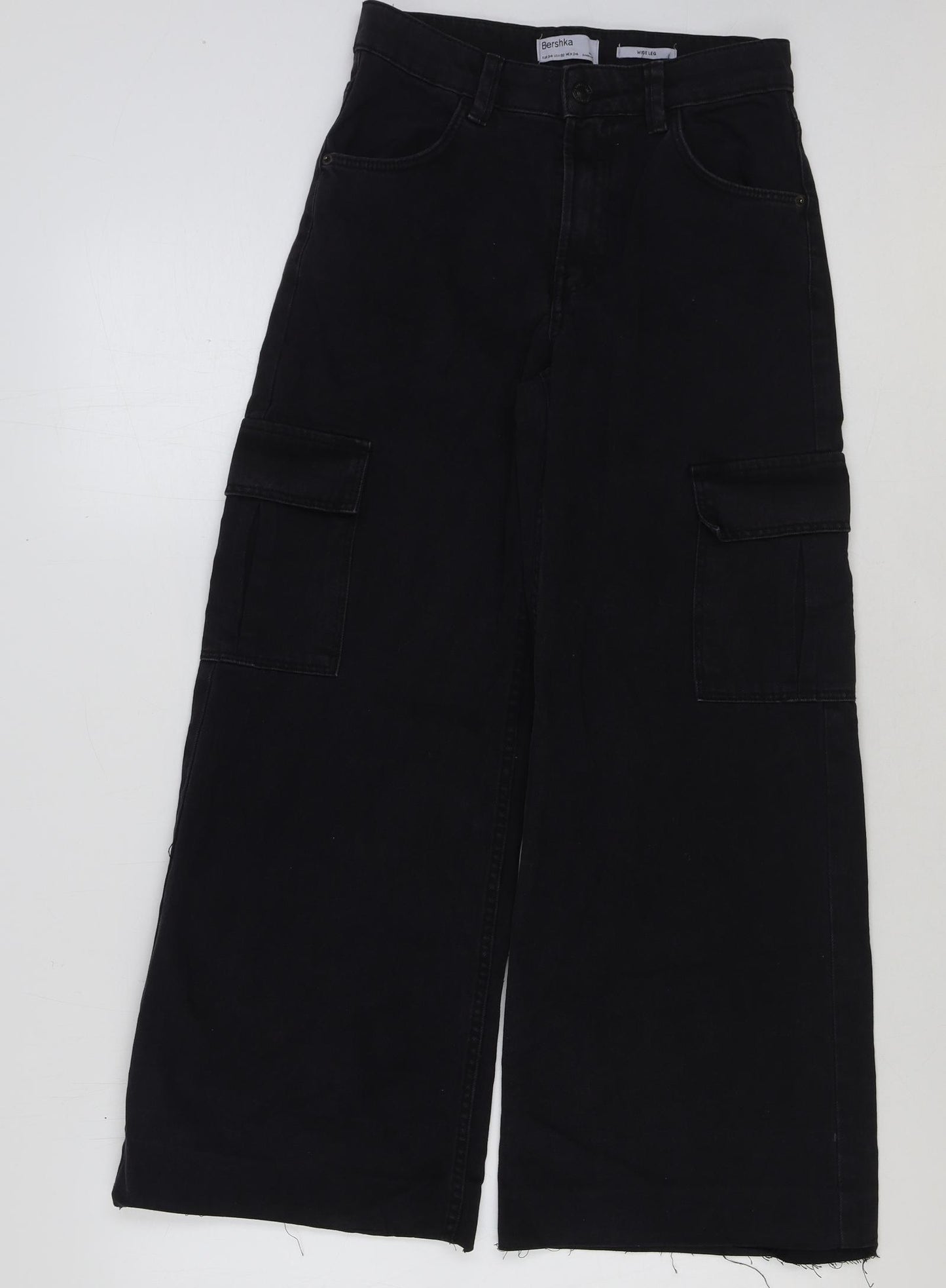 Bershka Womens Black Cotton Cargo Trousers Size 6 L28 in Regular Button