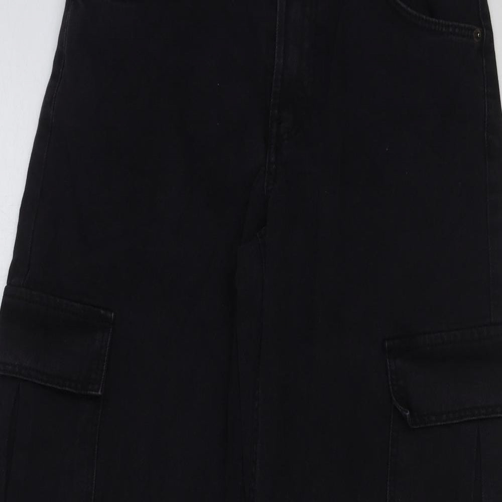 Bershka Womens Black Cotton Cargo Trousers Size 6 L28 in Regular Button