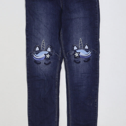 H&M Girls Blue Cotton Skinny Jeans Size 8-9 Years Regular Button - unicorn print