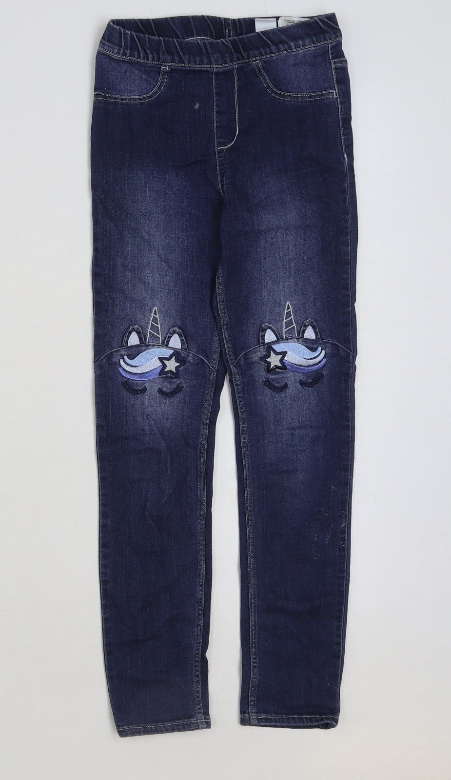 H&M Girls Blue Cotton Skinny Jeans Size 8-9 Years Regular Button - unicorn print