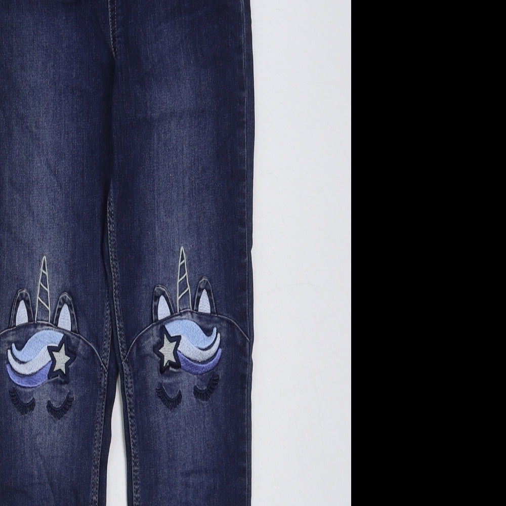 H&M Girls Blue Cotton Skinny Jeans Size 8-9 Years Regular Button - unicorn print