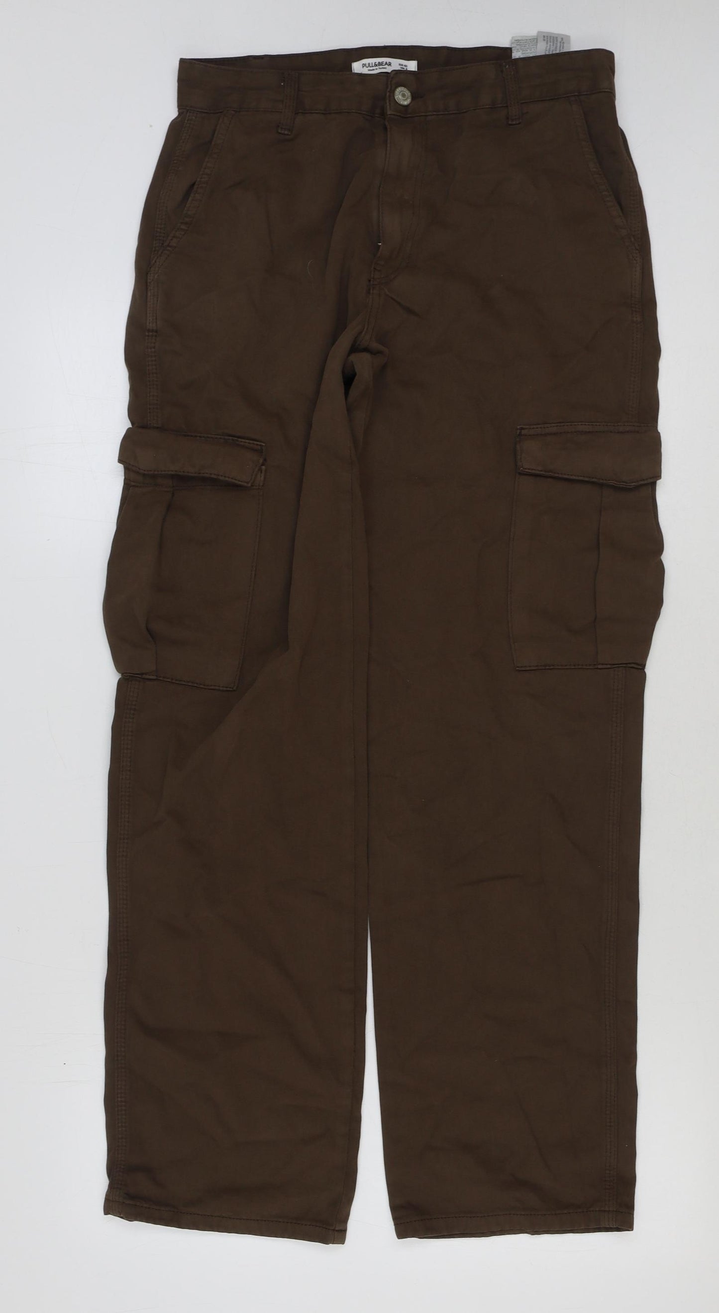 Pull&Bear Womens Brown Cotton Cargo Trousers Size 12 L32 in Regular Button