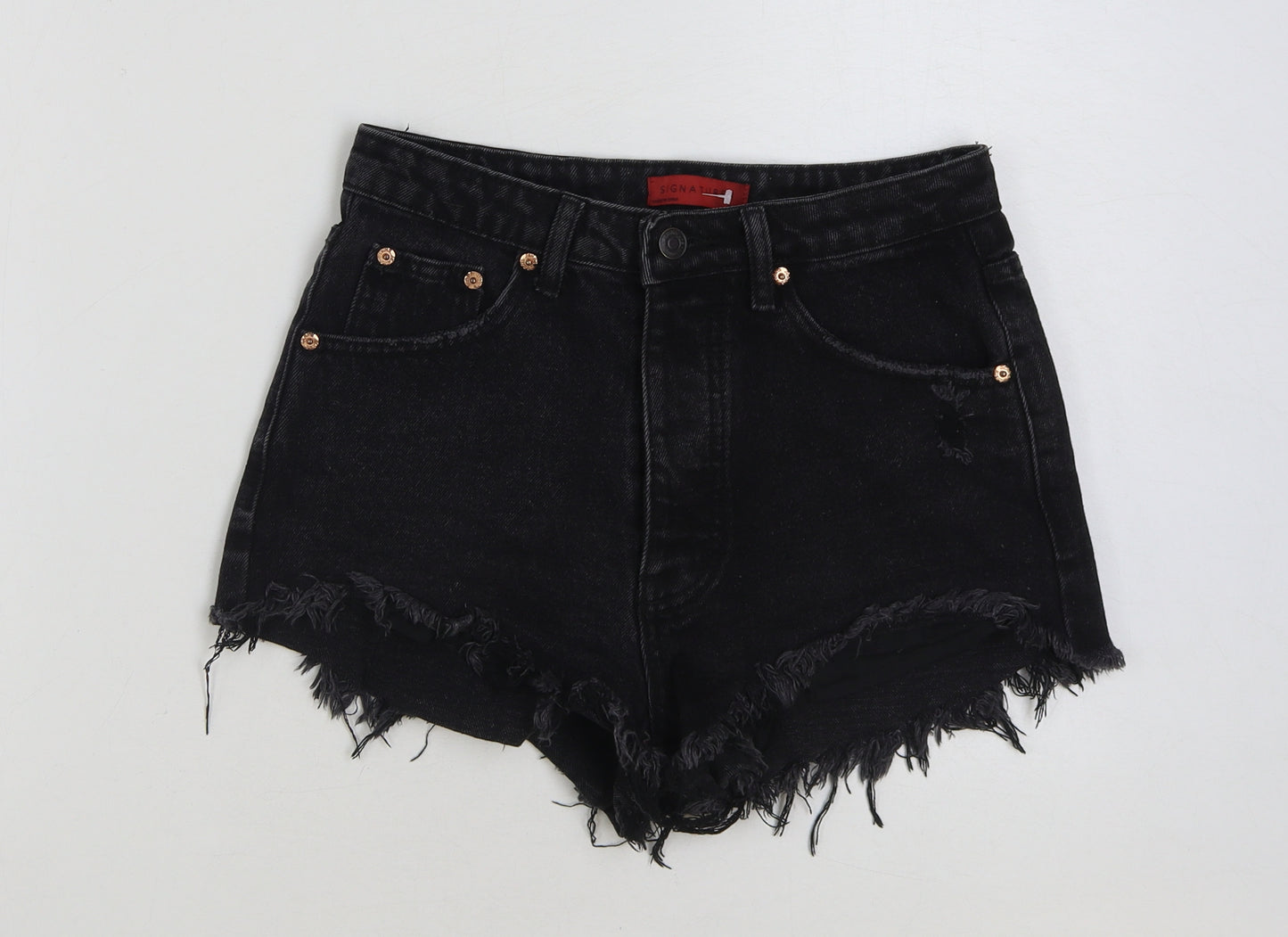 Signature Womens Black Cotton Hot Pants Shorts Size S Regular Button - Distressed