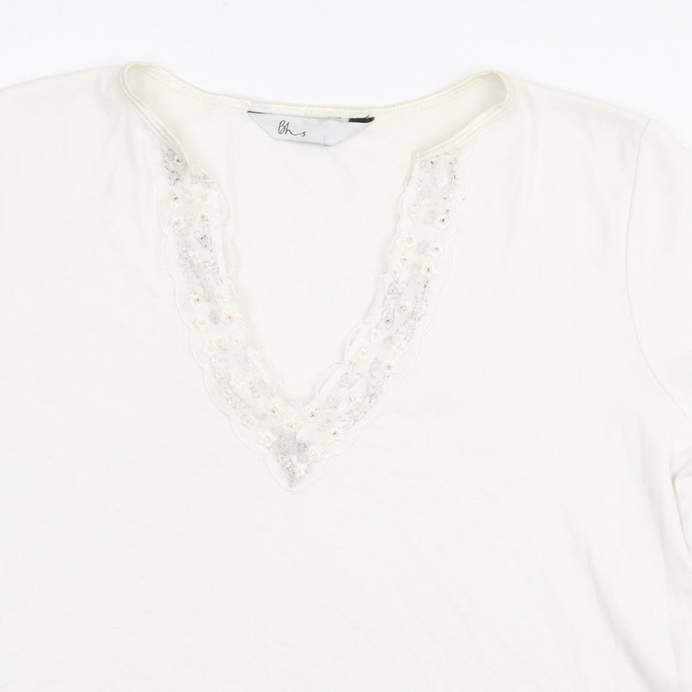 BHS Womens White Cotton Basic T-Shirt Size 16 V-Neck - Lace Trim