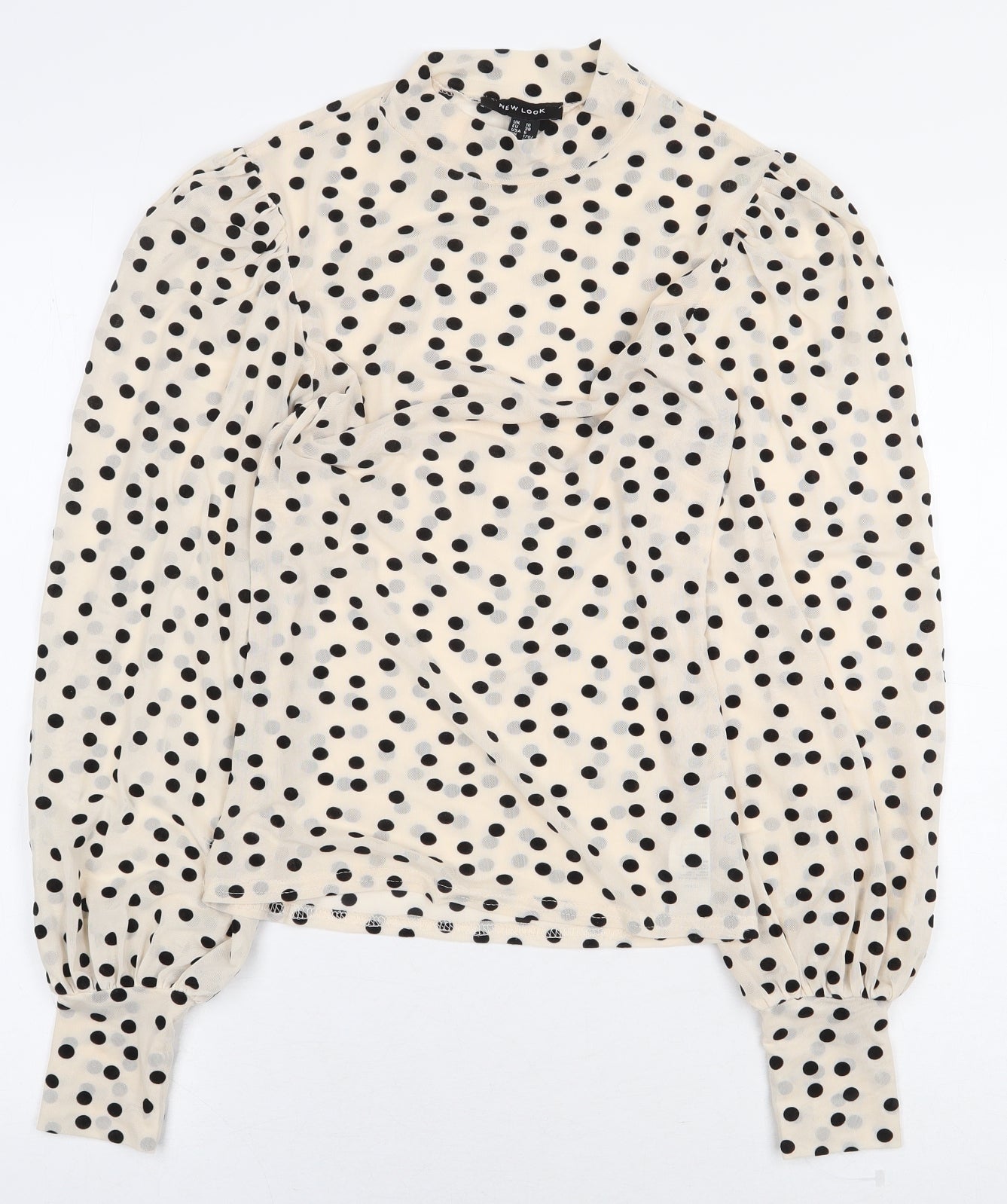 New Look Womens Beige Polka Dot Polyester Basic Blouse Size 10 Mock Neck