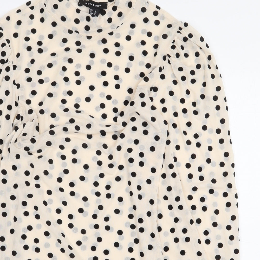New Look Womens Beige Polka Dot Polyester Basic Blouse Size 10 Mock Neck