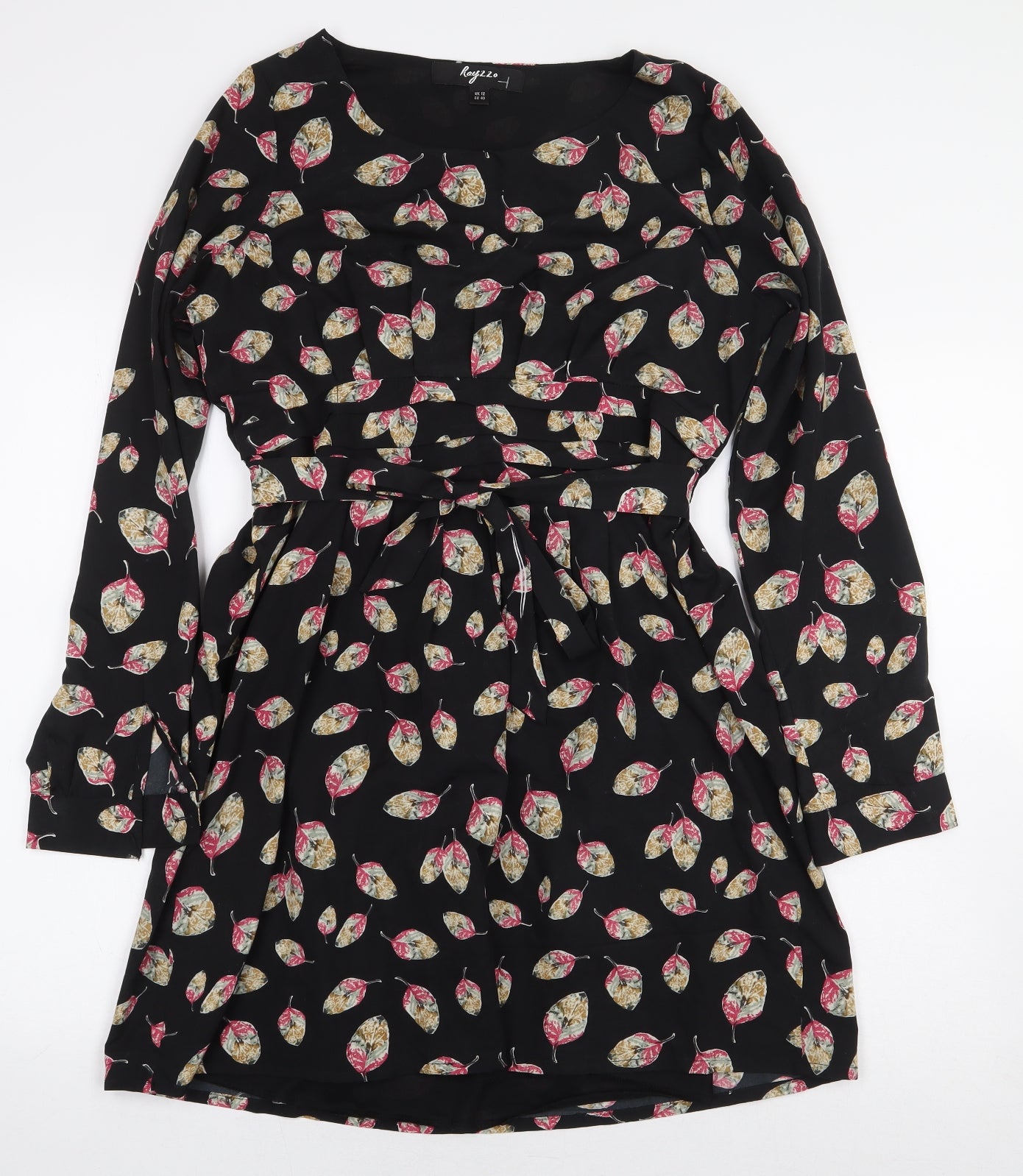 Rayzzo Womens Black Floral Polyester A-Line Size 12 Boat Neck Pullover - Leaf Print