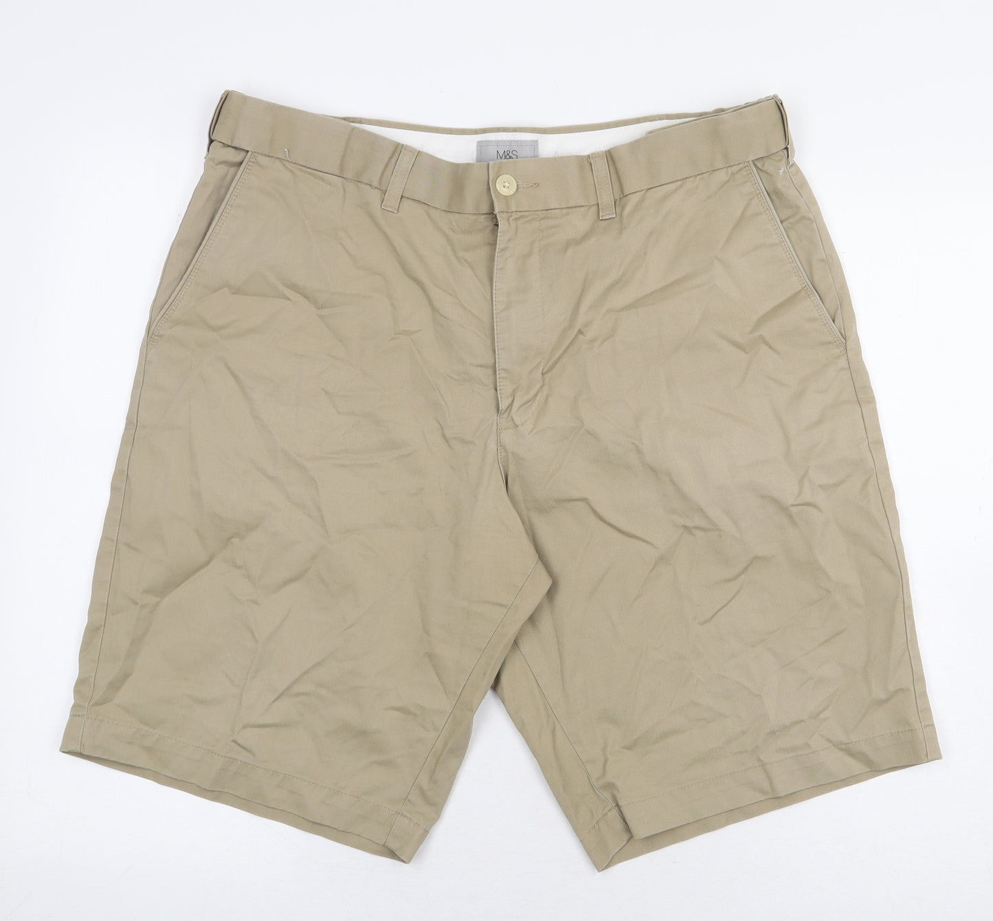 Marks and Spencer Mens Beige Cotton Chino Shorts Size 36 L11 in Regular Zip