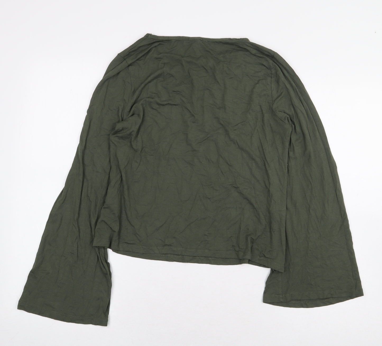Primark Womens Green Viscose Basic T-Shirt Size 12 V-Neck - Lace Up Detail Flared Sleeves