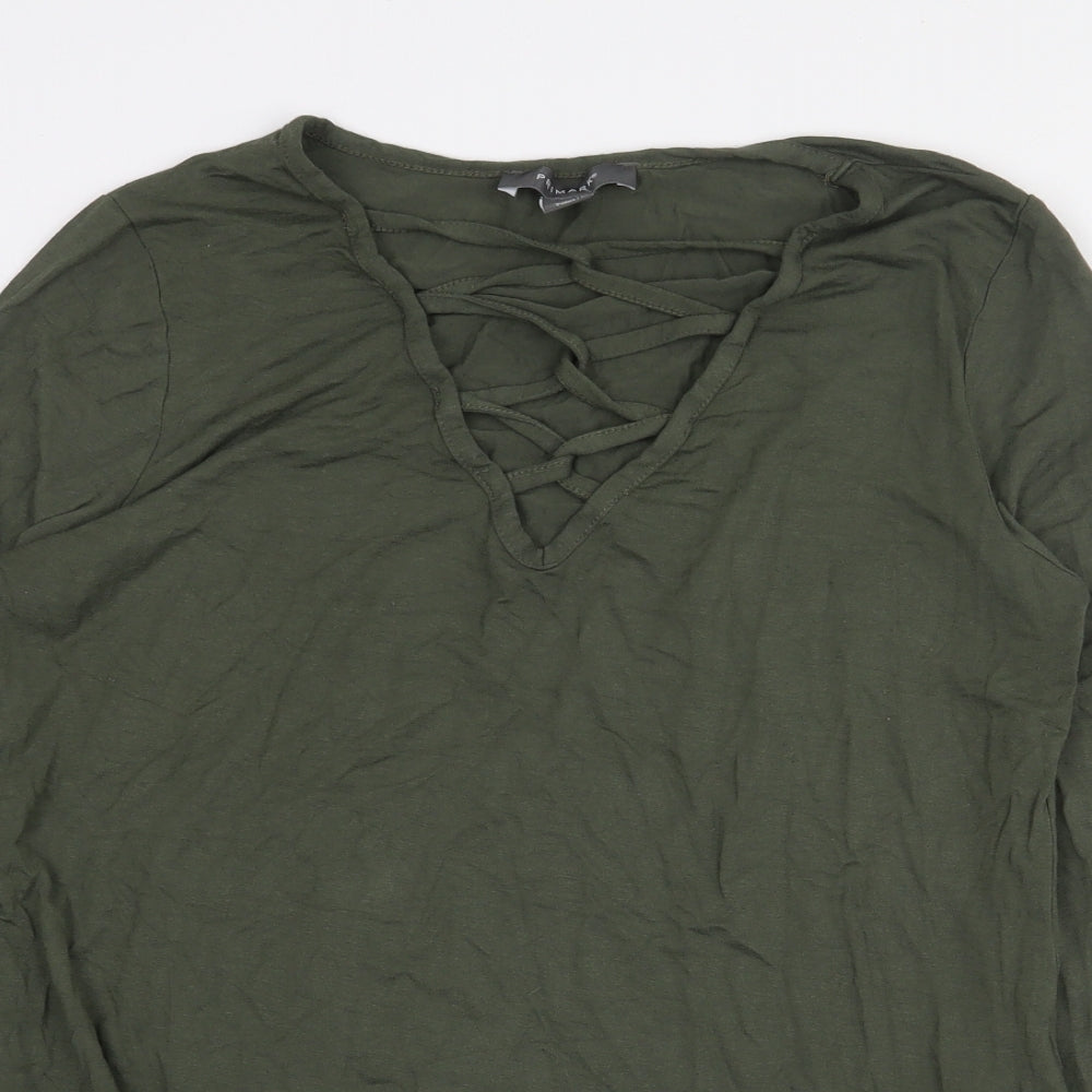 Primark Womens Green Viscose Basic T-Shirt Size 12 V-Neck - Lace Up Detail Flared Sleeves