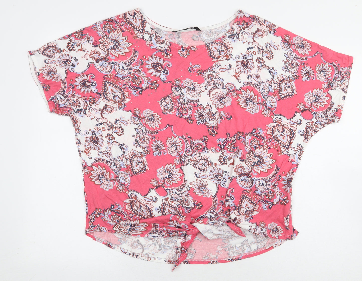 Debenhams Womens Pink Floral Cotton Basic T-Shirt Size 14 Boat Neck - Tie Detail