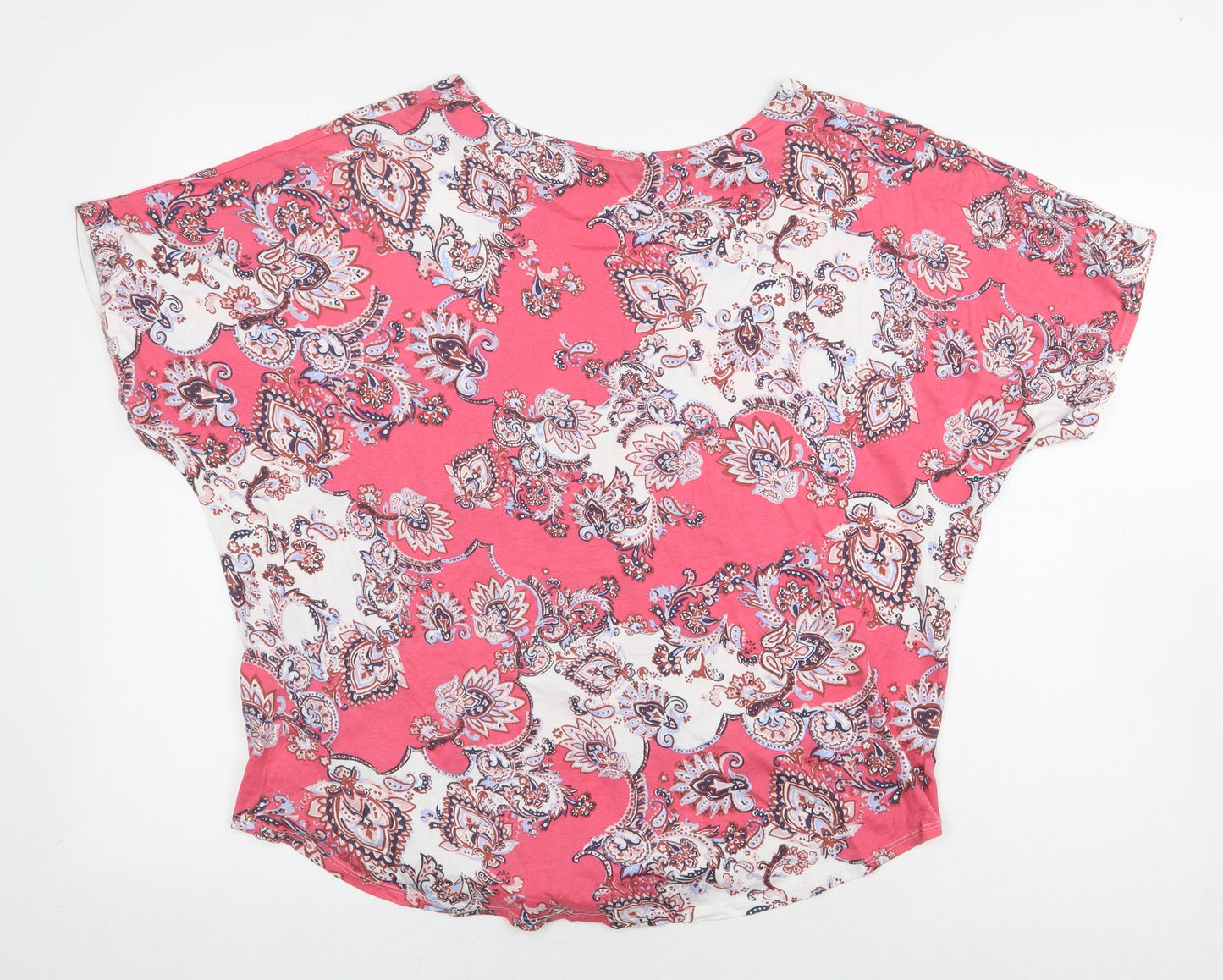 Debenhams Womens Pink Floral Cotton Basic T-Shirt Size 14 Boat Neck - Tie Detail