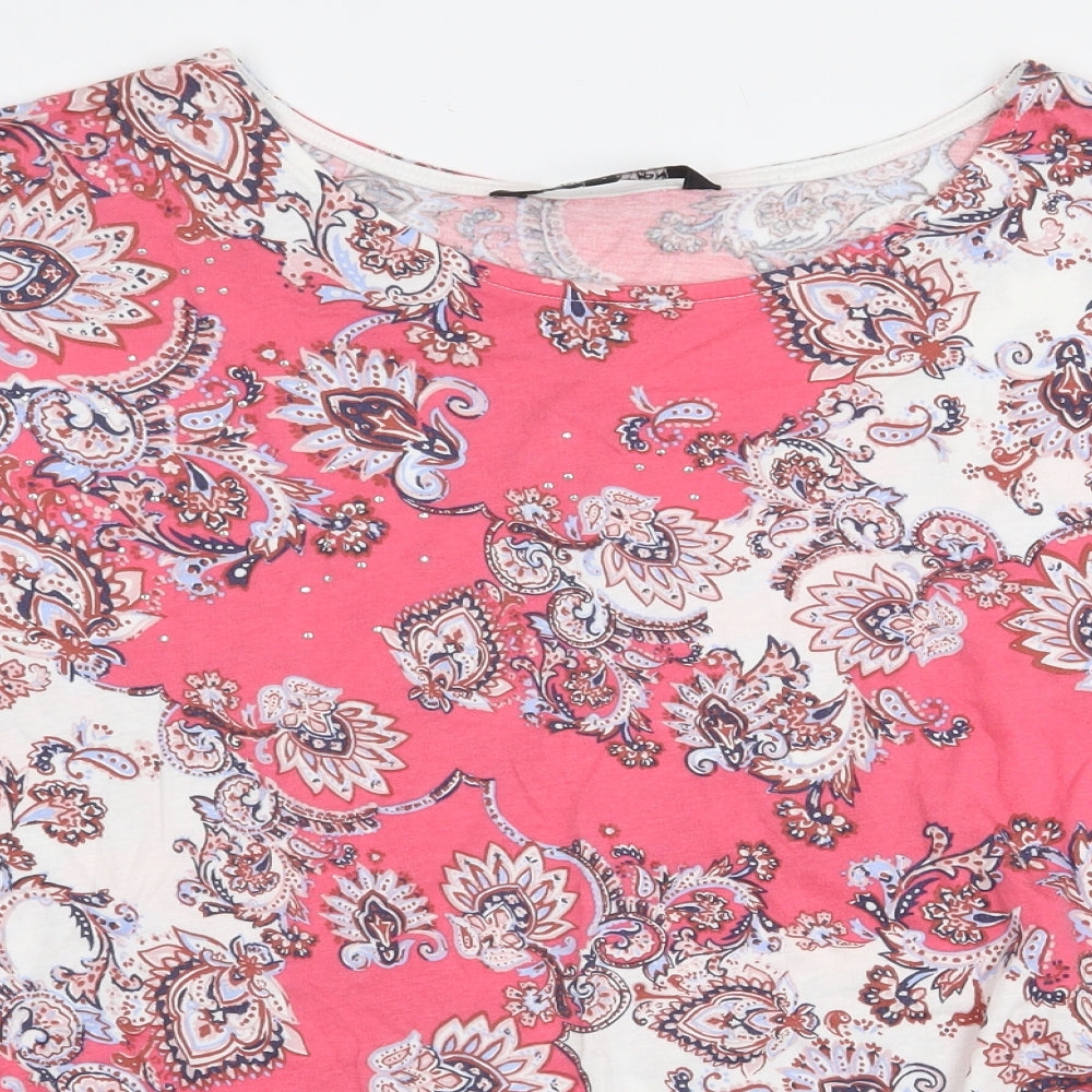 Debenhams Womens Pink Floral Cotton Basic T-Shirt Size 14 Boat Neck - Tie Detail