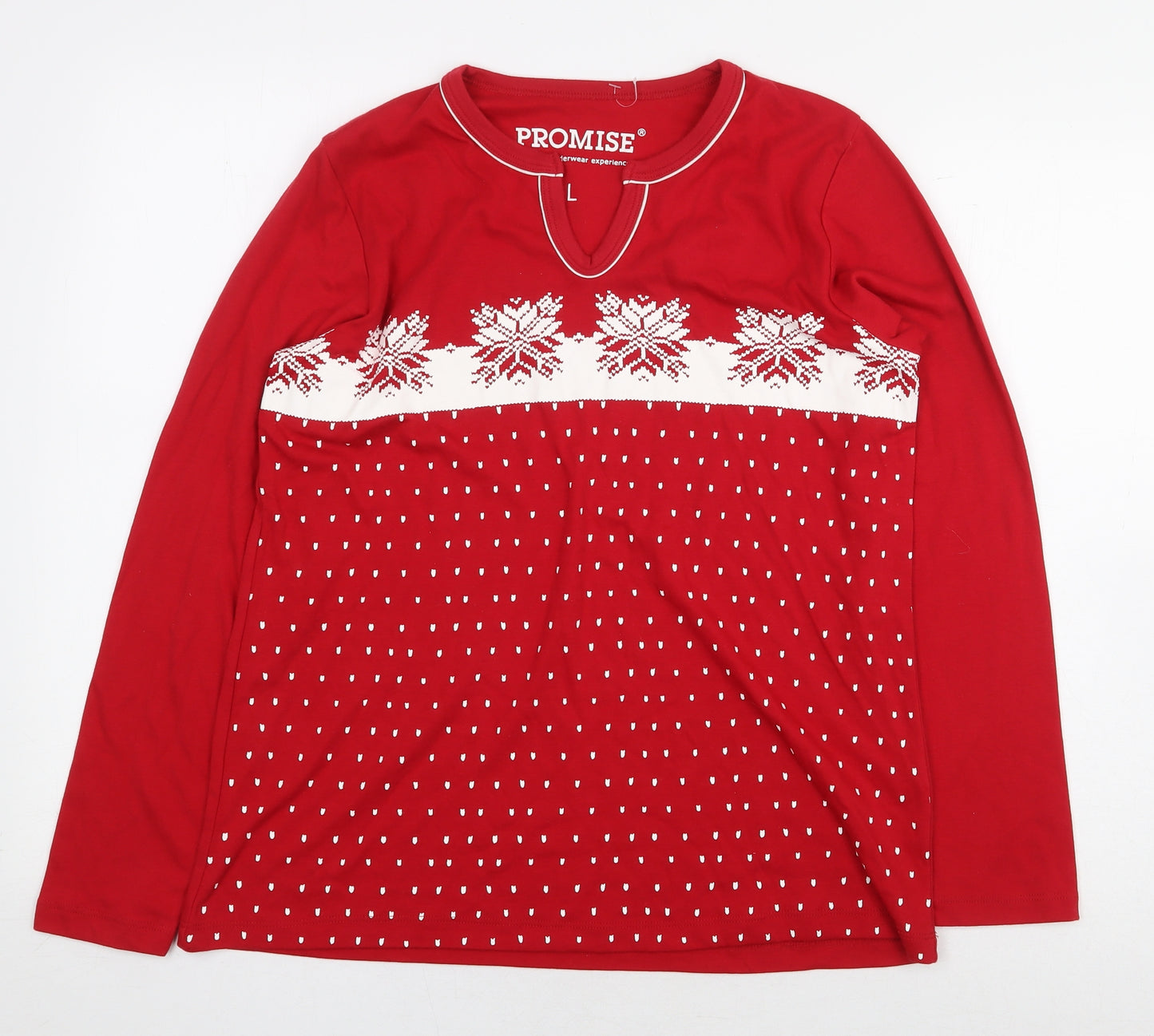 Promise Womens Red Geometric Polyester Basic T-Shirt Size L V-Neck - Christmas