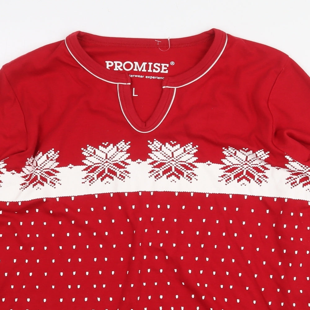 Promise Womens Red Geometric Polyester Basic T-Shirt Size L V-Neck - Christmas