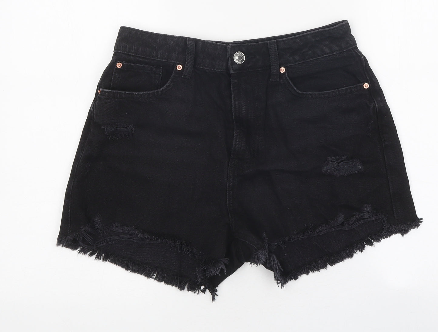 Primark Womens Black 100% Cotton Hot Pants Shorts Size 10 L10 in Regular Zip - Distressed
