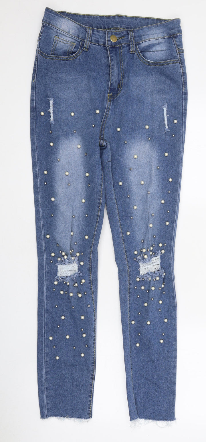 Preworn Womens Blue 100% Cotton Skinny Jeans Size S L30 in Regular Zip - Distressed Look