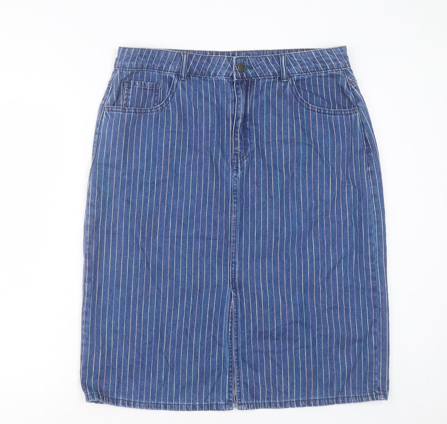 TU Womens Blue Striped Cotton Straight & Pencil Skirt Size 16 Button