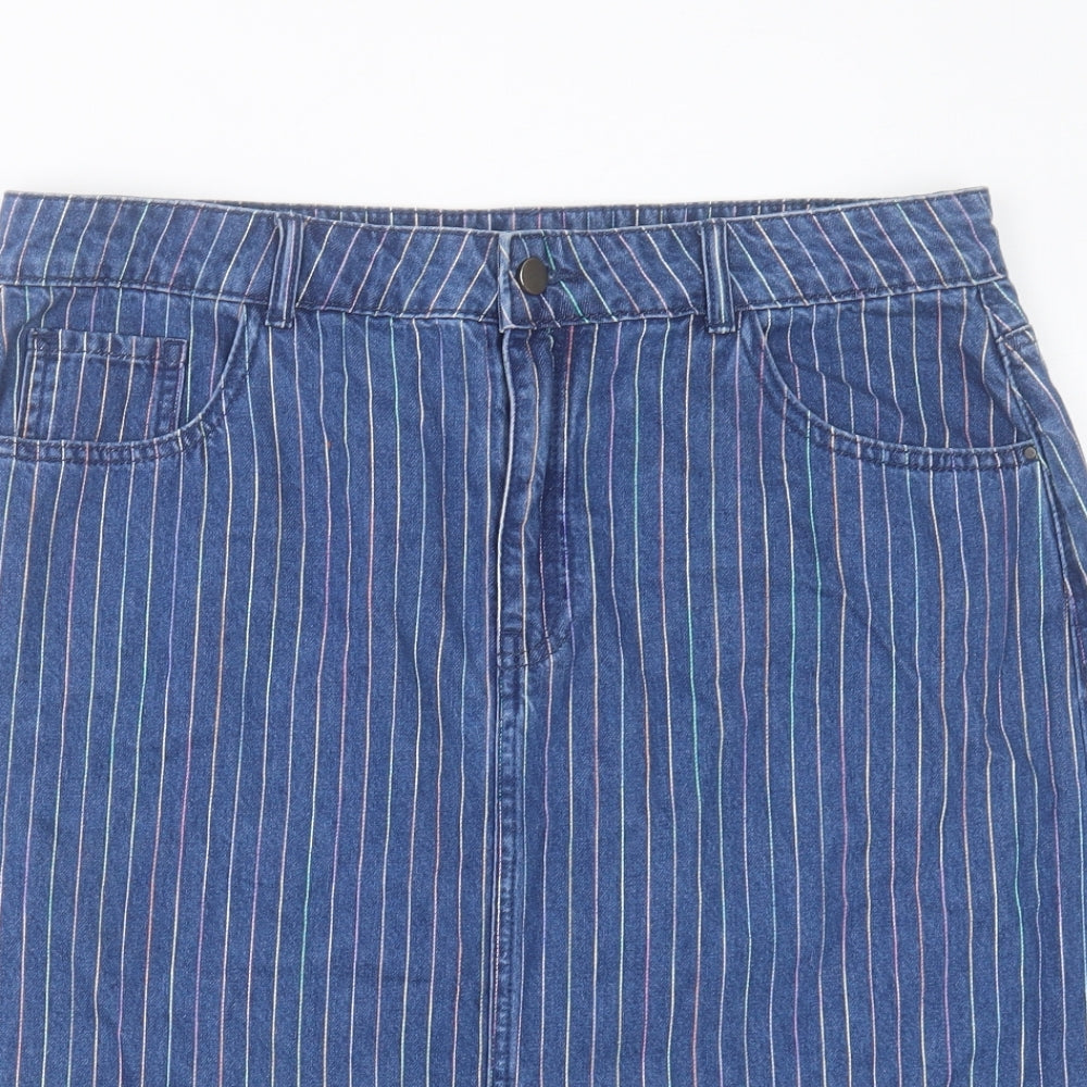 TU Womens Blue Striped Cotton Straight & Pencil Skirt Size 16 Button